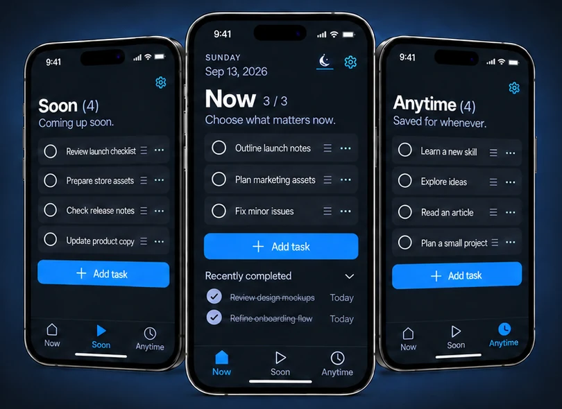 Rymlo Now, Soon and Anytime task lists in dark mode