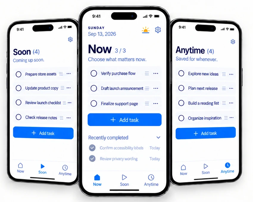 Rymlo on iPhone, with three active tasks in Now and separate Soon and Anytime lists